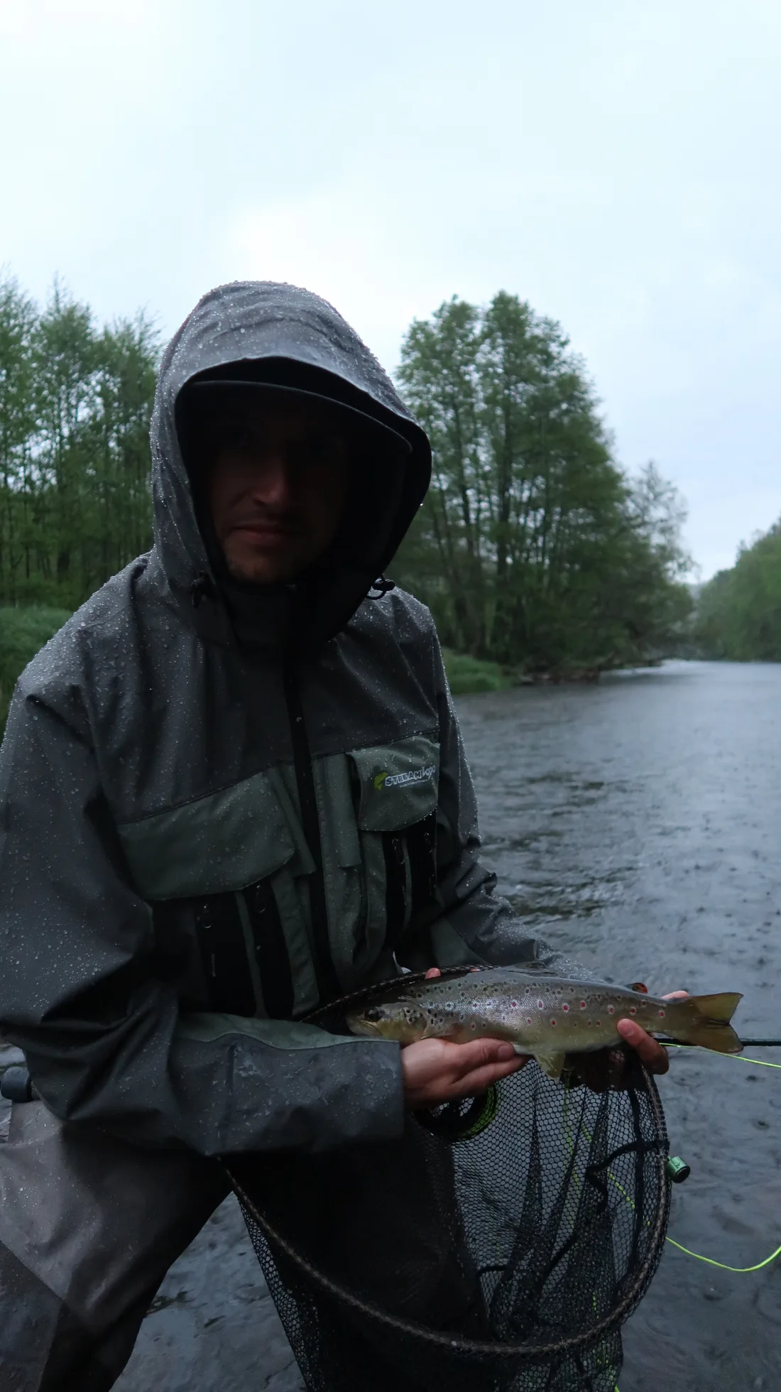 Fliegenfischer mit Bachforelle bei Regen am Wasser